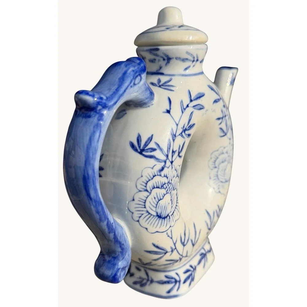 Vintage Blue White Chinese Donut Teapot Dragon Handle Chinoiserie Ring Pot 7
